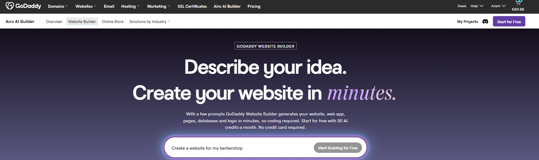 GoDaddy Websites and Website Builder options in the main menu