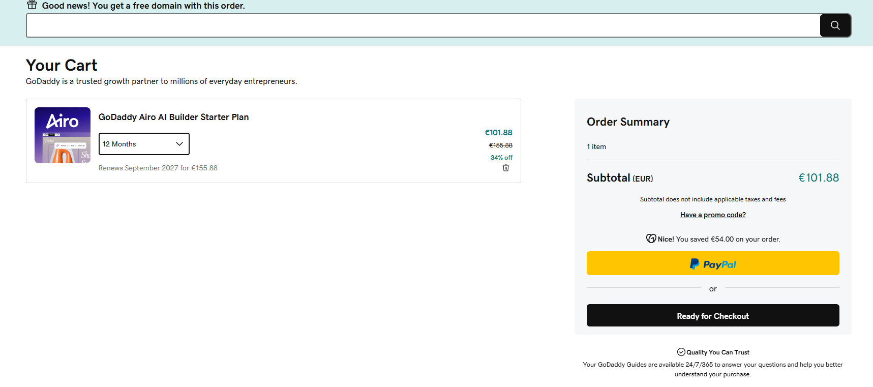 GoDaddy Website Builder promo code field at checkout