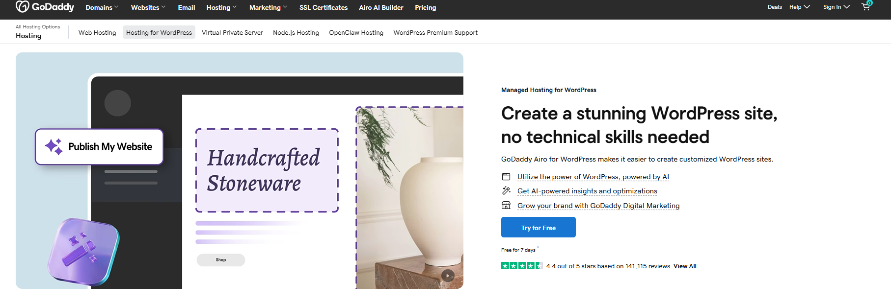 GoDaddy WordPress Hosting option in hosting section