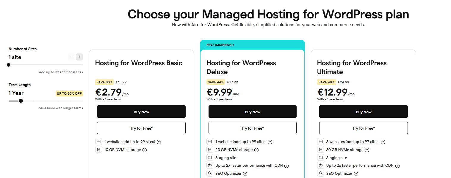 GoDaddy Hosting for WordPress Basic Deluxe and Ultimate plans
