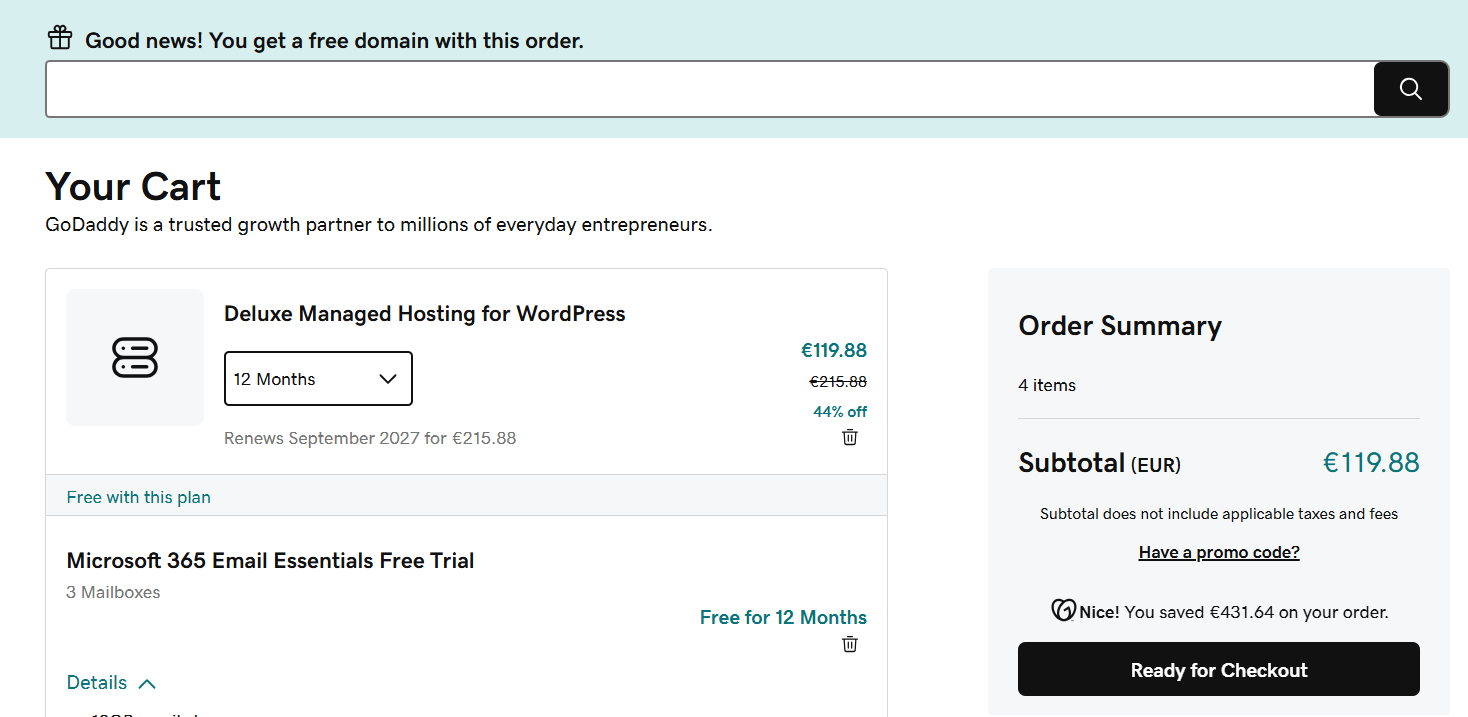 GoDaddy WordPress hosting checkout and promo code field