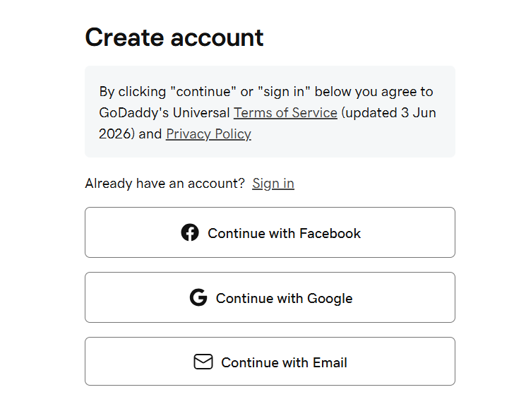 GoDaddy account sign in or account creation during checkout