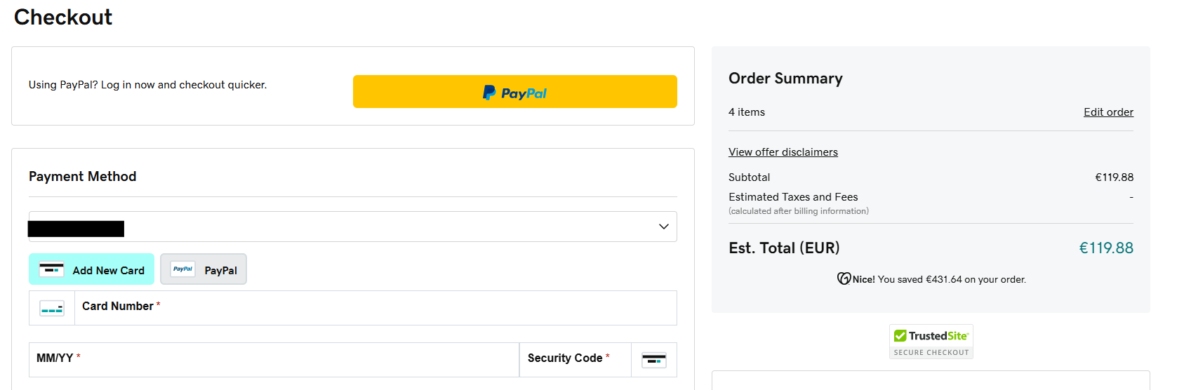GoDaddy WordPress hosting payment method and order summary