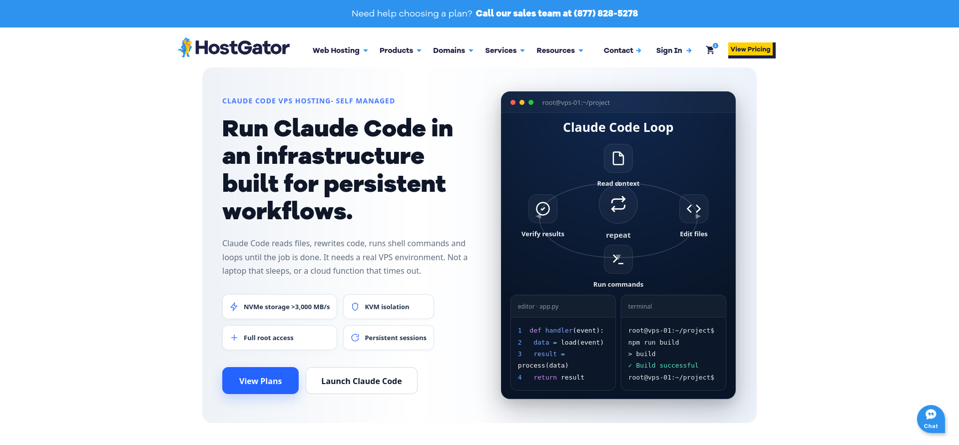 HostGator Claude Code landing page with View Plans and Launch Claude Code buttons