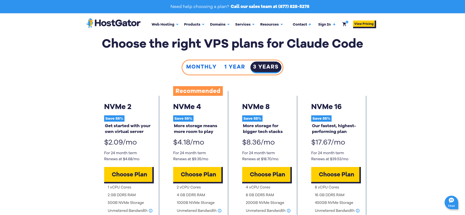 HostGator Claude Code VPS plans page showing the recommended NVMe 8 tier