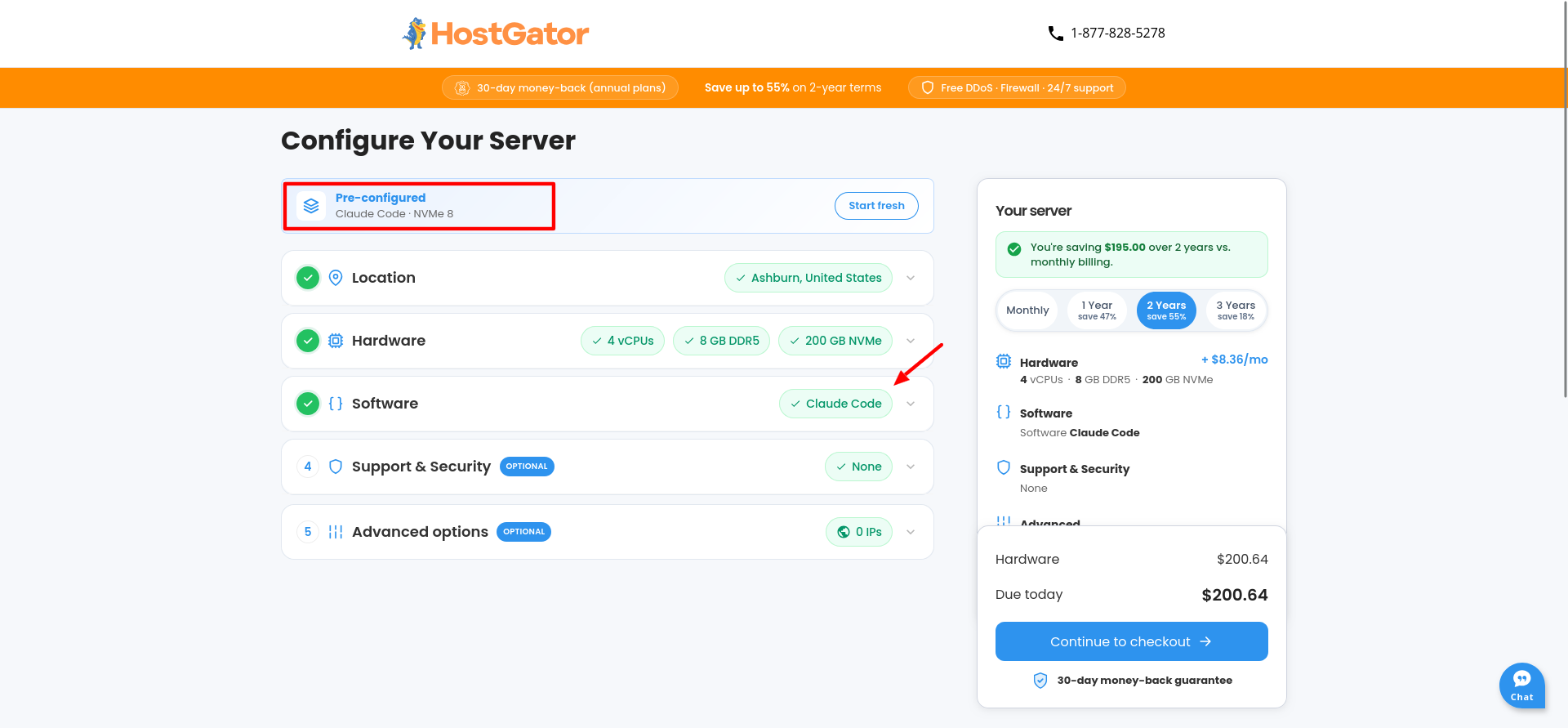 Configure Your Server page with Claude Code and NVMe 8 preselected