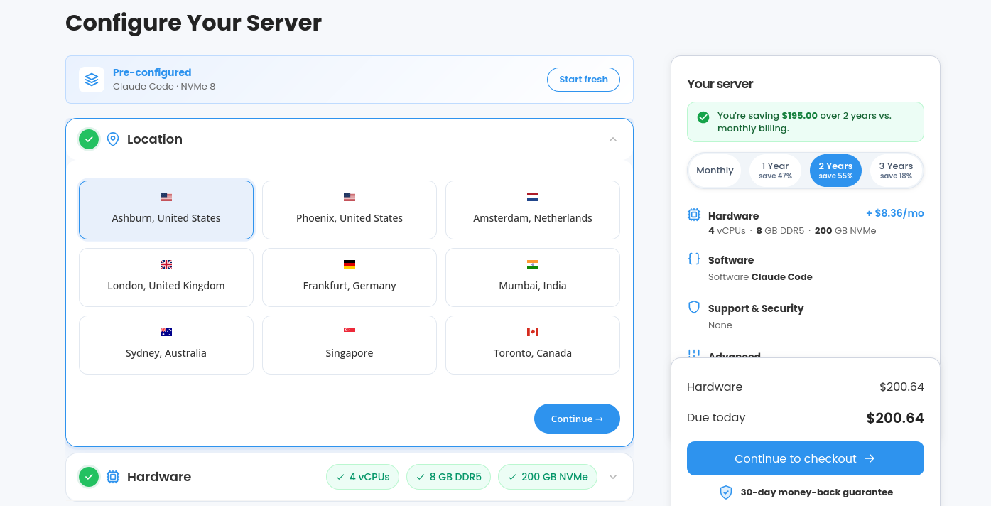 HostGator VPS location selector showing Ashburn among the available regions