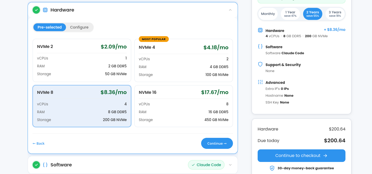 HostGator Claude Code VPS hardware tier selection options