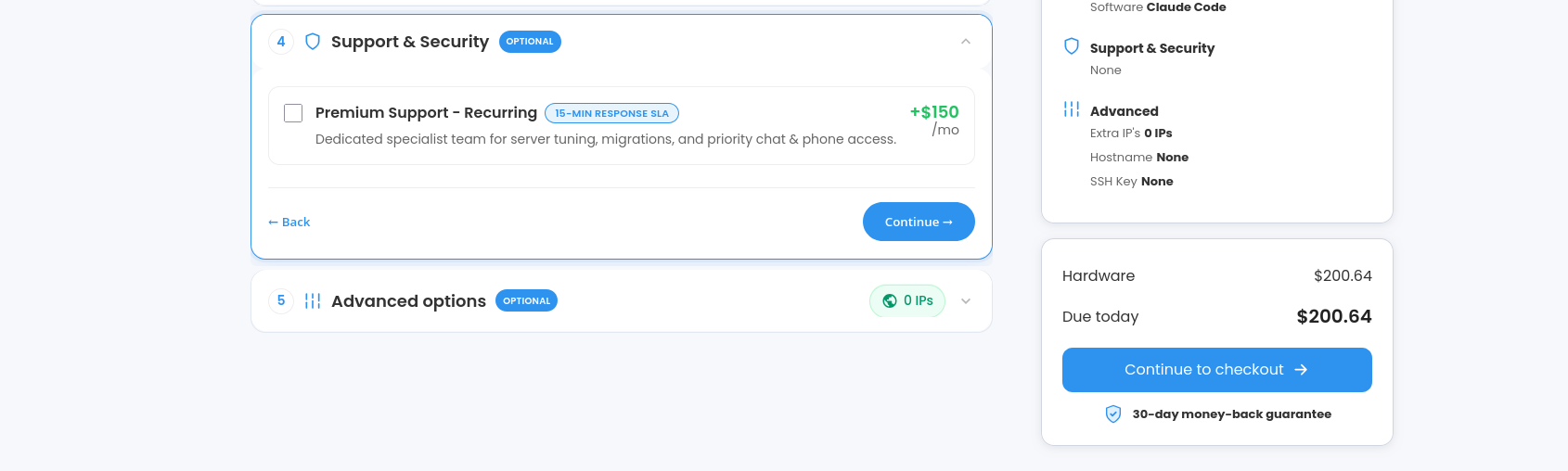 HostGator VPS optional Support and Security add-on section
