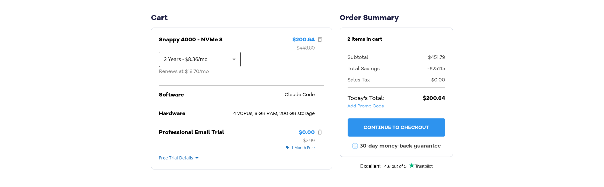 HostGator cart showing the automatically added professional email trial