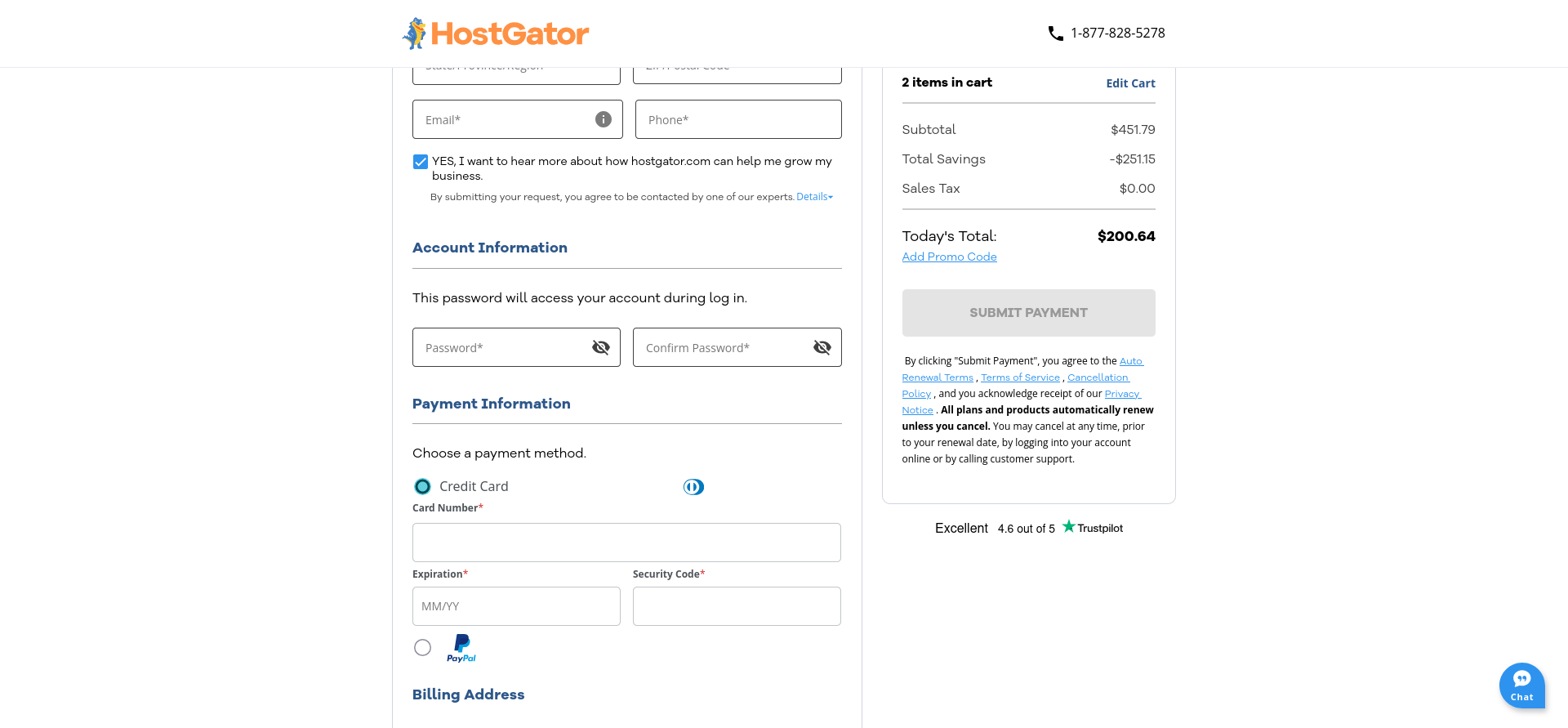 HostGator checkout page with account, billing, and payment fields