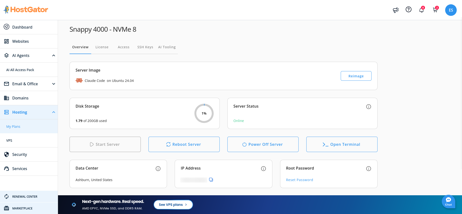 HostGator VPS management panel with Overview, License, Access, SSH Keys, and AI Tooling tabs