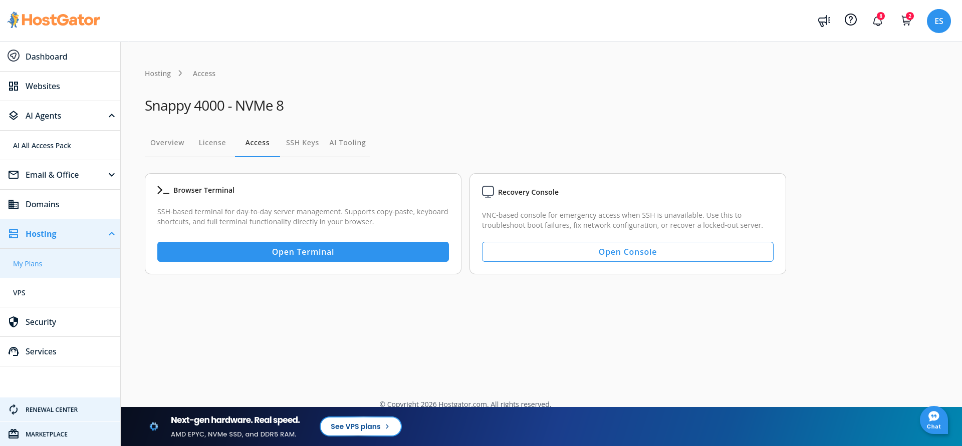 HostGator VPS Access tab with browser-based SSH terminal and VNC recovery console