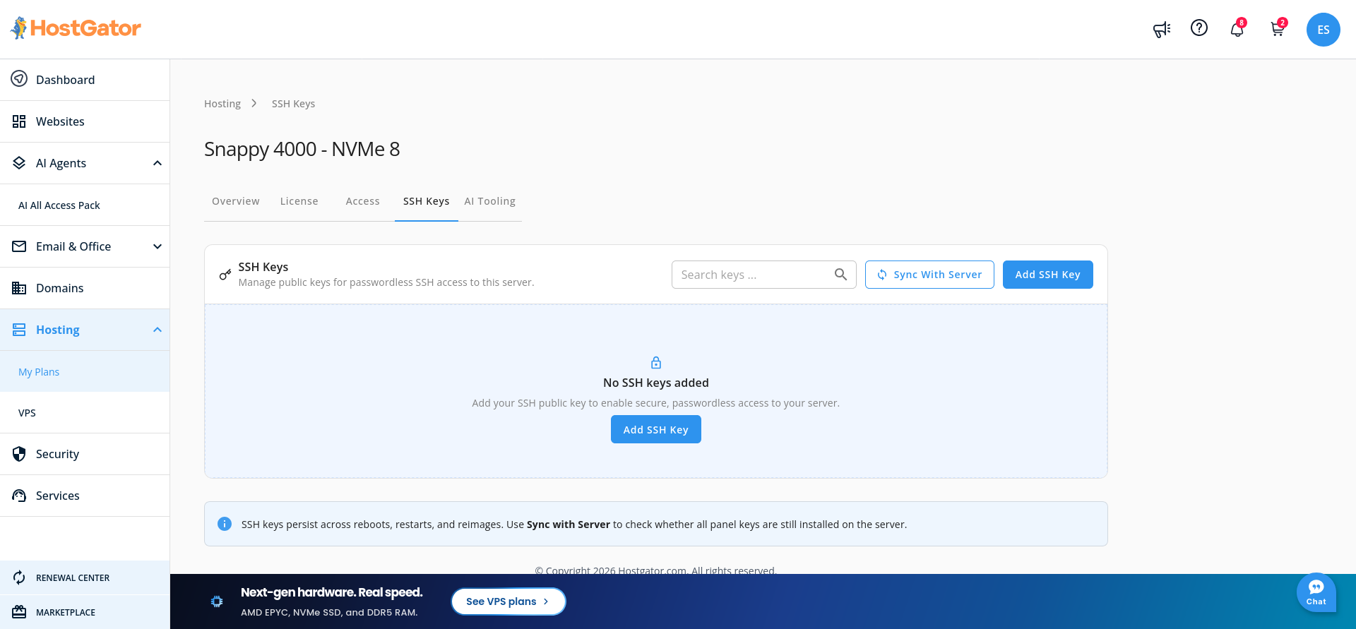 HostGator VPS SSH Keys tab for adding and syncing public keys