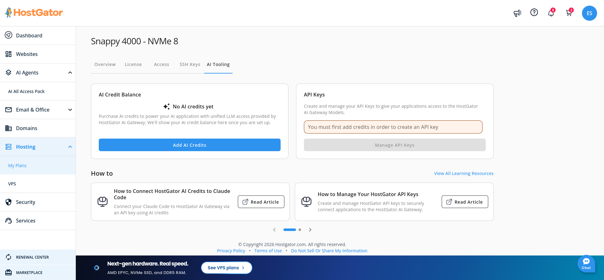 HostGator VPS AI Tooling tab with AI Credits balance and API key management