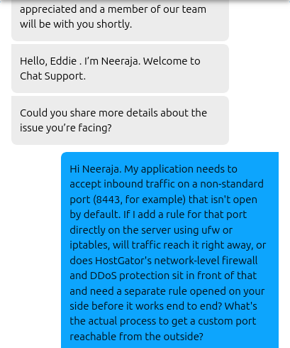 HostGator live chat question about port 8443 and network-level firewall rules
