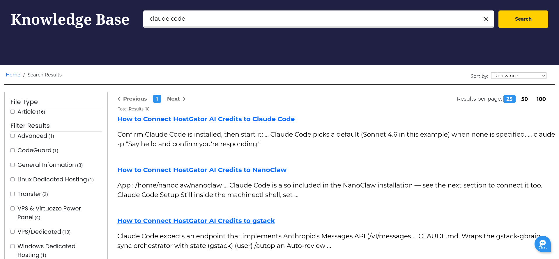 HostGator Knowledge Base search results for Claude Code