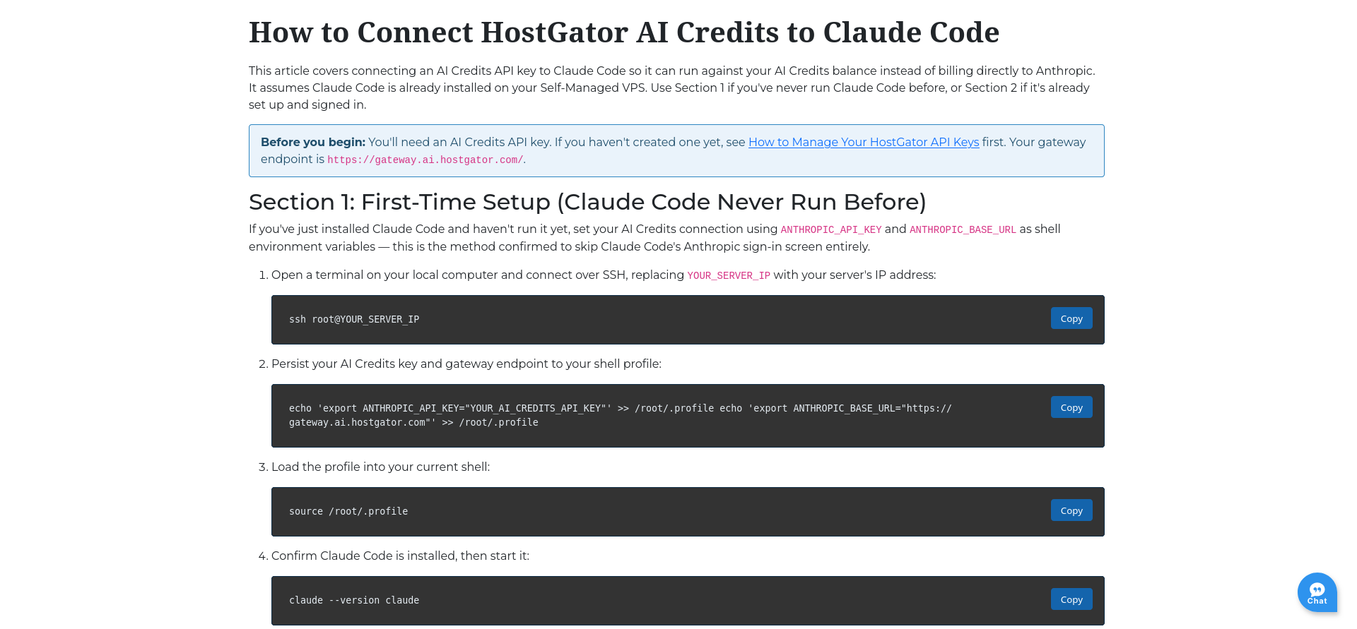 HostGator Knowledge Base article explaining how to connect AI Credits to Claude Code