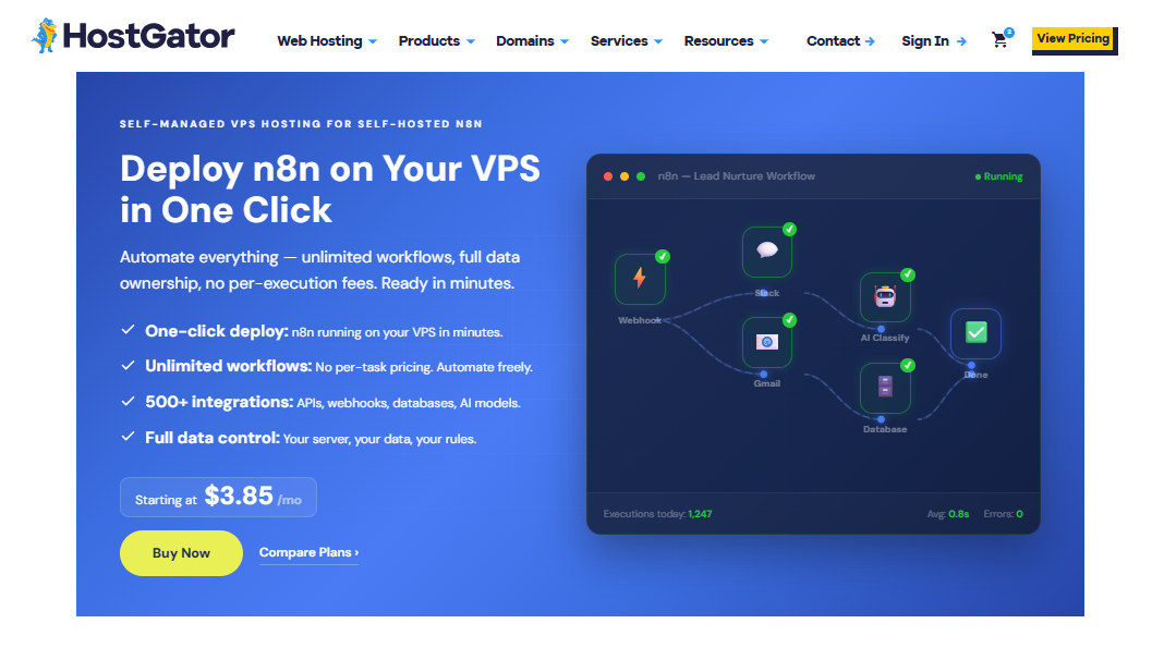 HostGator VPS hosting options for n8n hosting