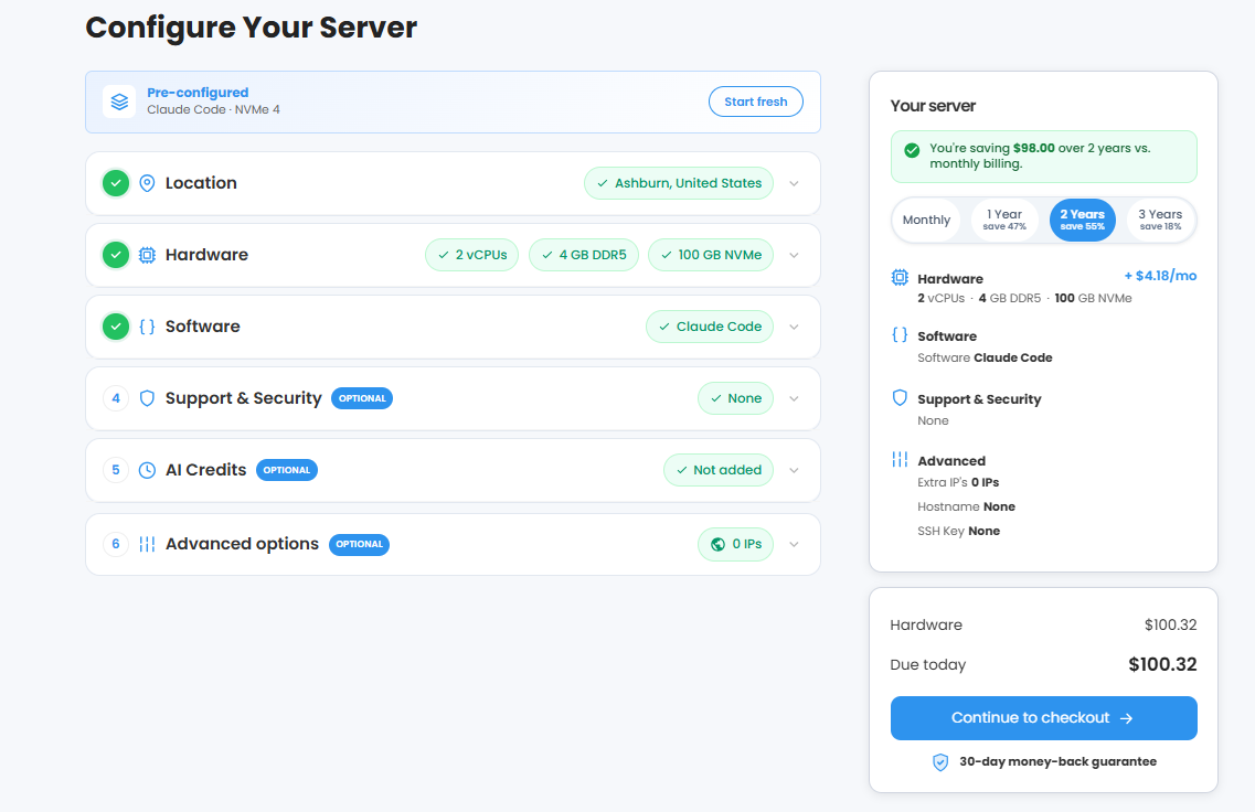 HostGator VPS package configuration and Continue to Checkout option for n8n hosting
