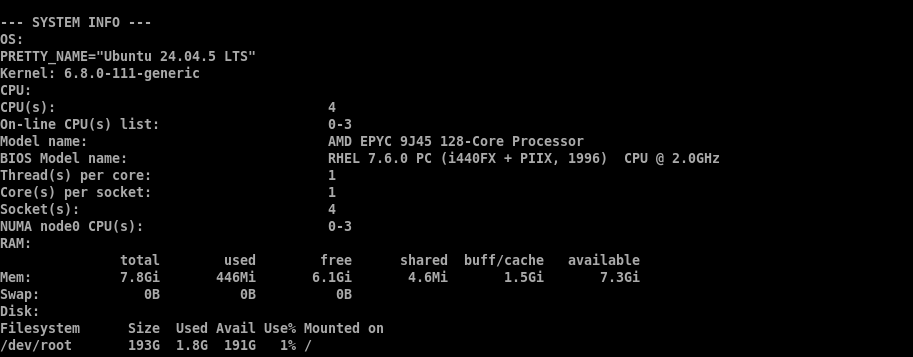 Terminal output confirming the HostGator n8n VPS OS, CPU, and memory specifications before benchmarking