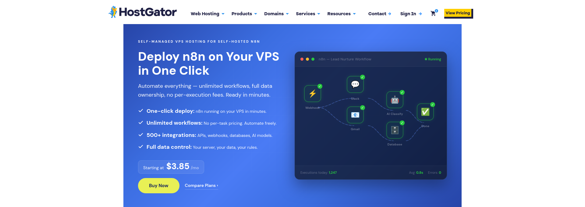 HostGator n8n VPS landing page highlighting one-click deployment and workflow features