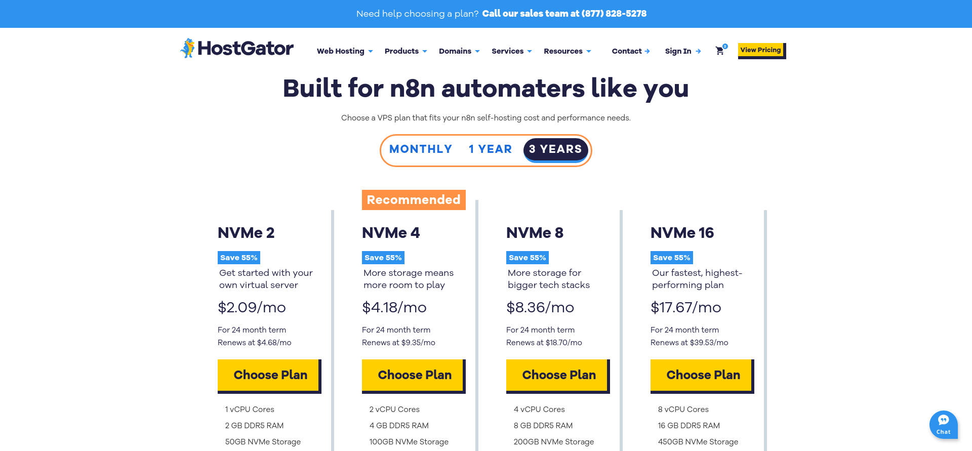 HostGator n8n VPS plan comparison page
