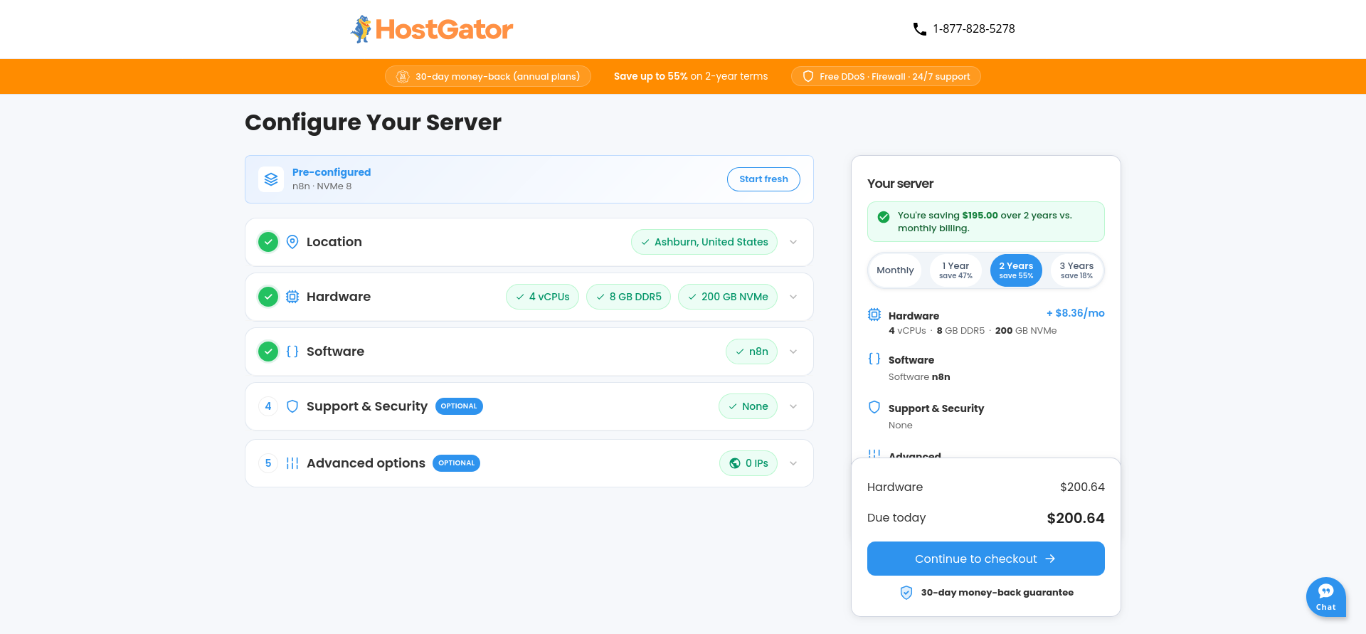 HostGator Configure Your Server page with n8n and NVMe 8 selected