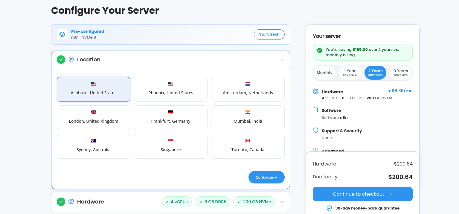 HostGator VPS location selector showing the available deployment regions