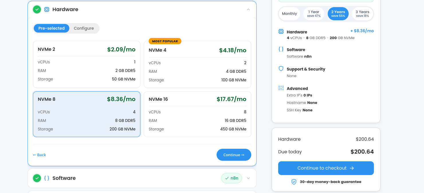 HostGator n8n VPS hardware plan selector