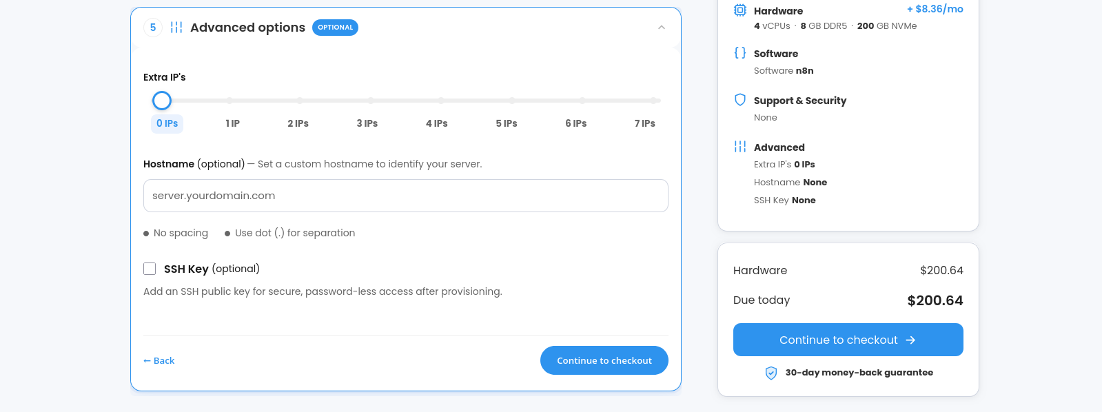 HostGator n8n VPS advanced configuration options for IPs, hostname, and SSH keys