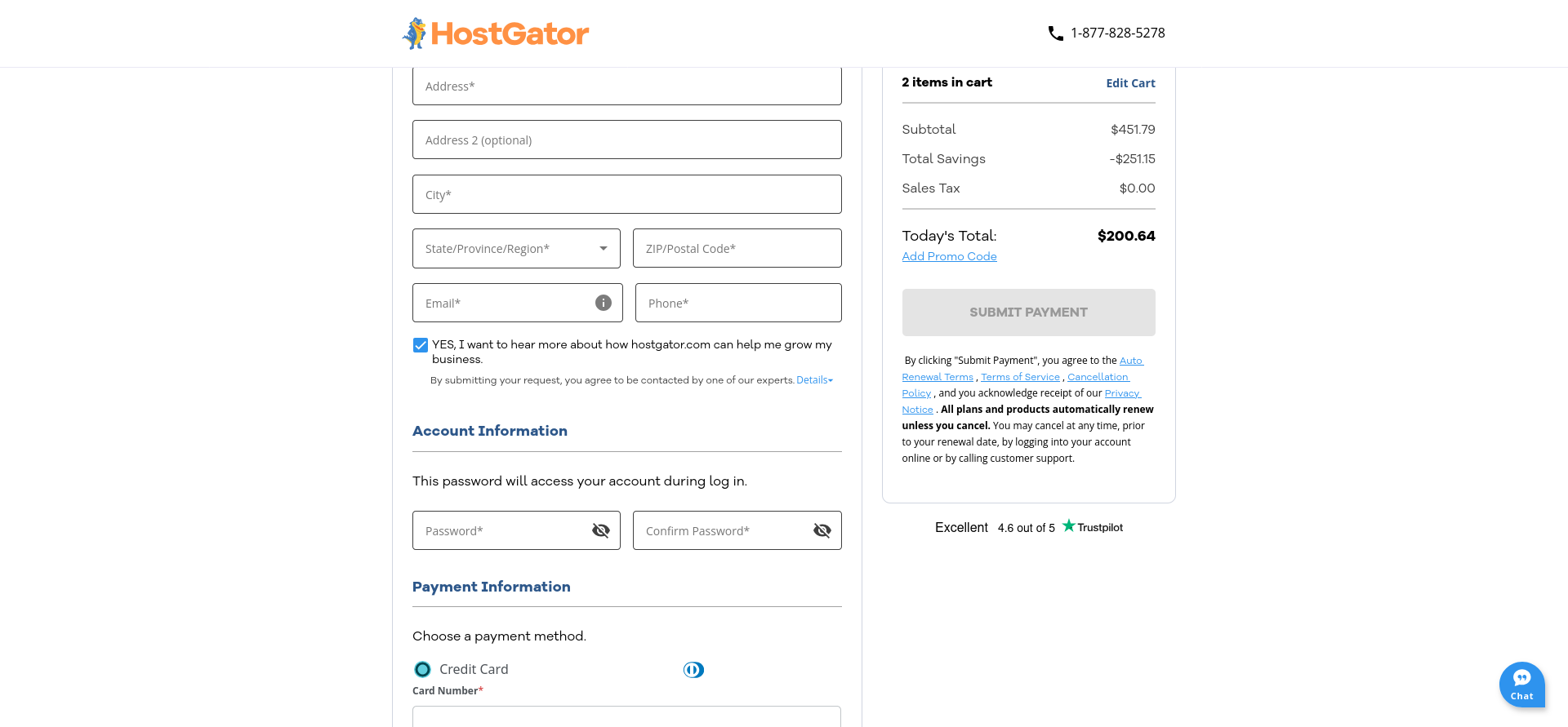 HostGator checkout page with account, billing, and payment details