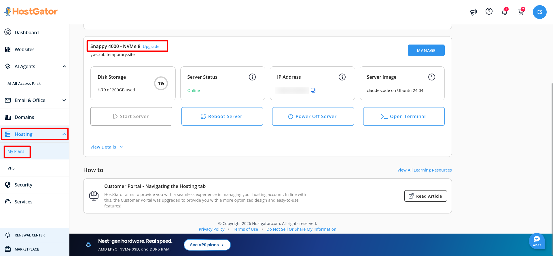HostGator Hosting My Plans page showing the n8n VPS server card