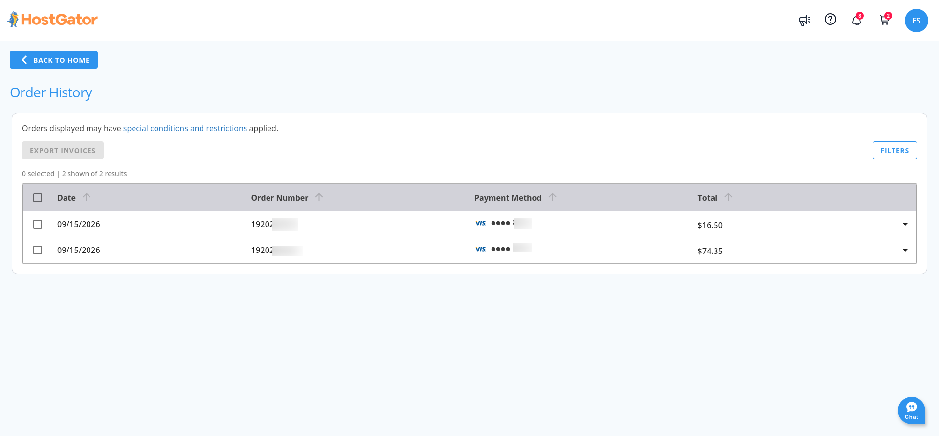 HostGator Order History page showing previous charges