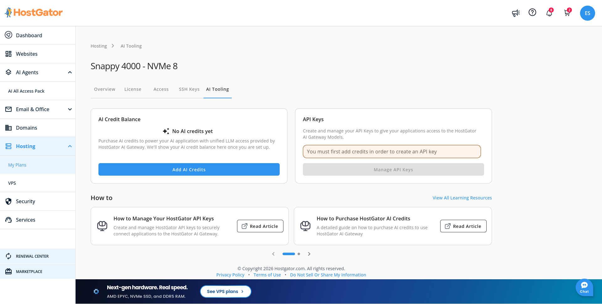 HostGator VPS AI Tooling tab for AI Credits and API key management