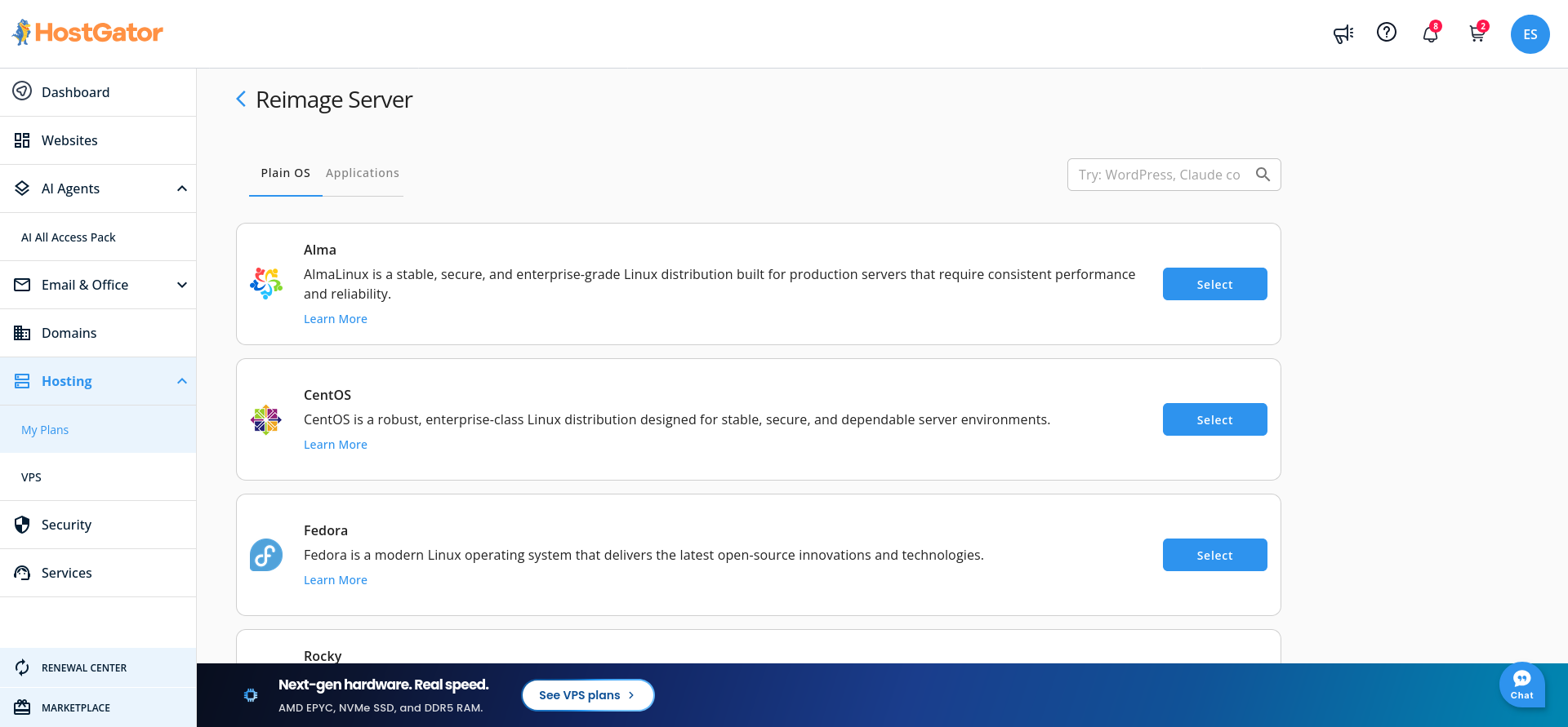 HostGator VPS Reimage panel showing one-click operating systems and applications