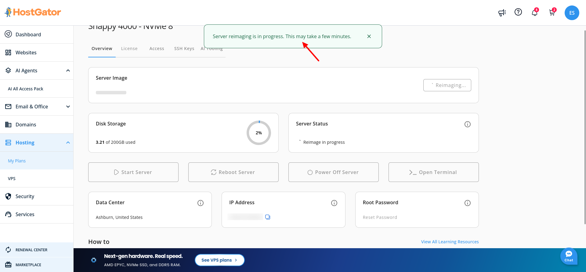 HostGator VPS server reimaging in progress