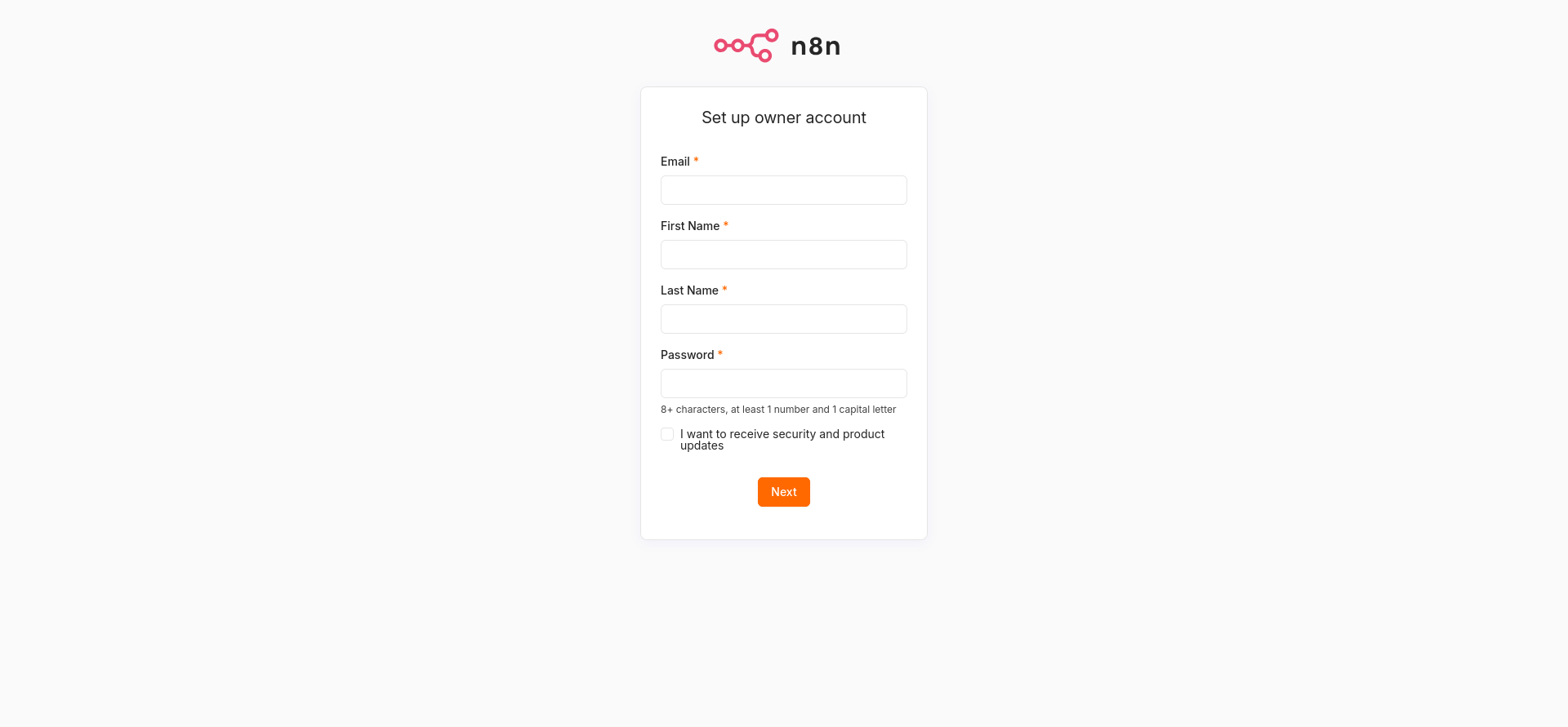 n8n Set up owner account screen on the preinstalled HostGator VPS