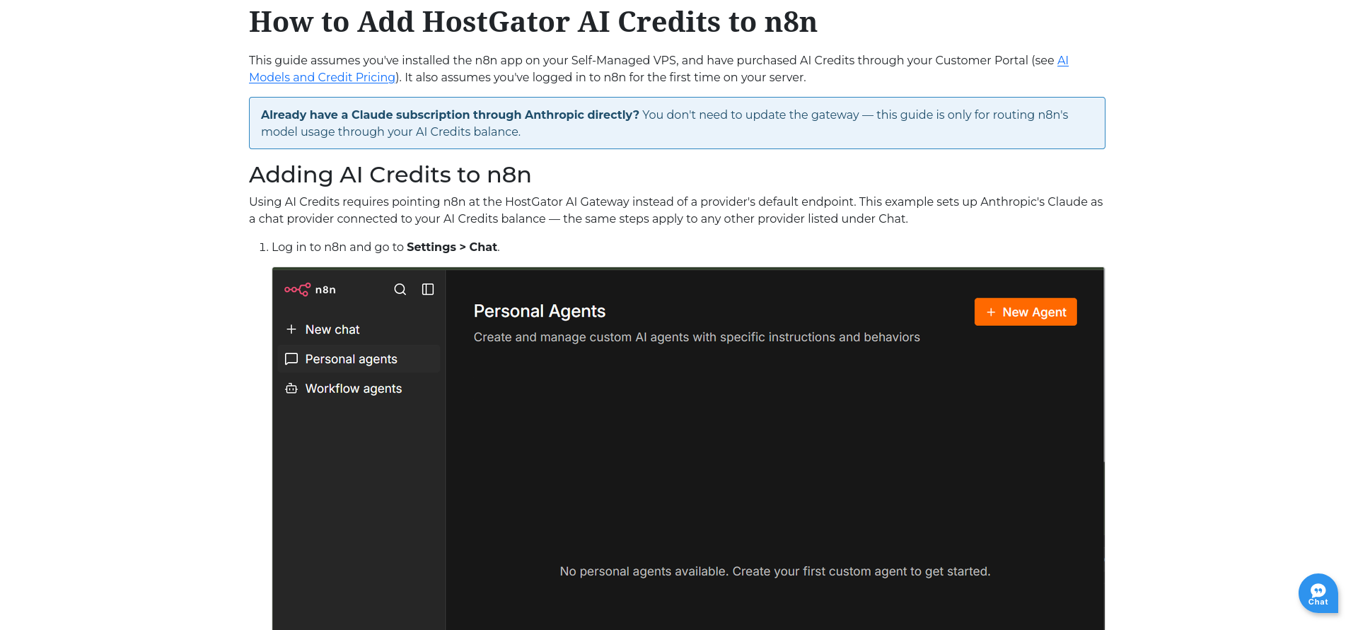 HostGator Knowledge Base guide for adding AI Credits to n8n