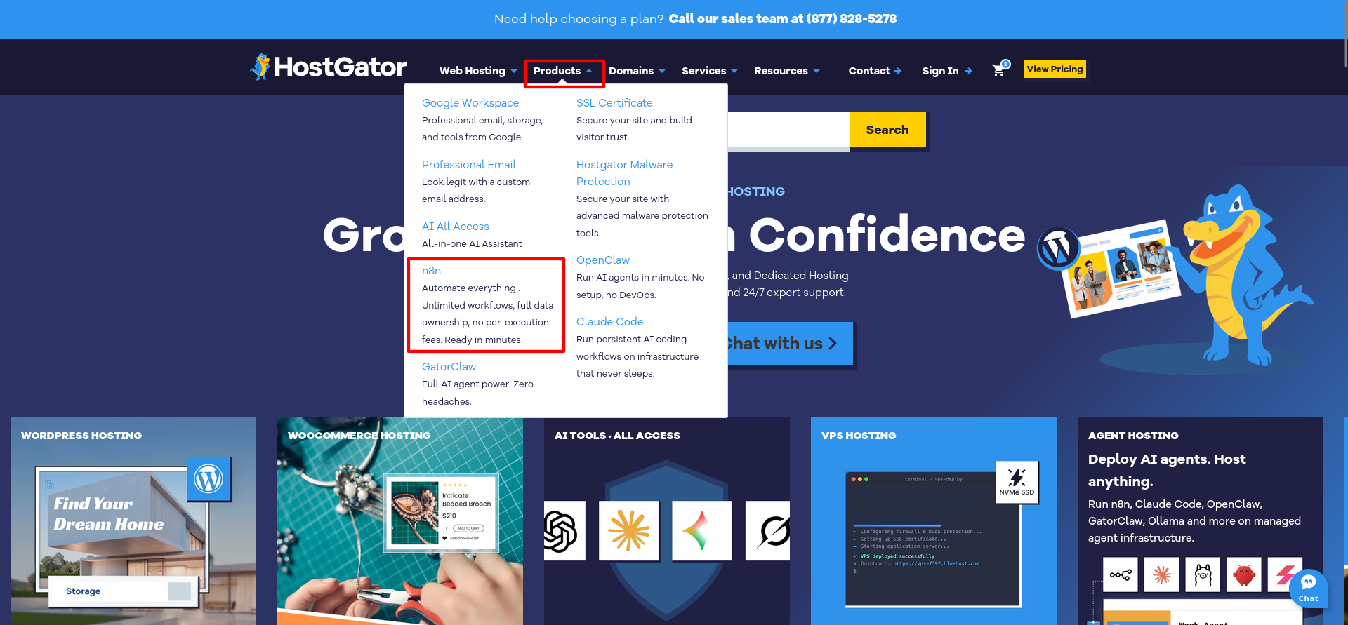 HostGator Products menu showing the n8n VPS hosting option