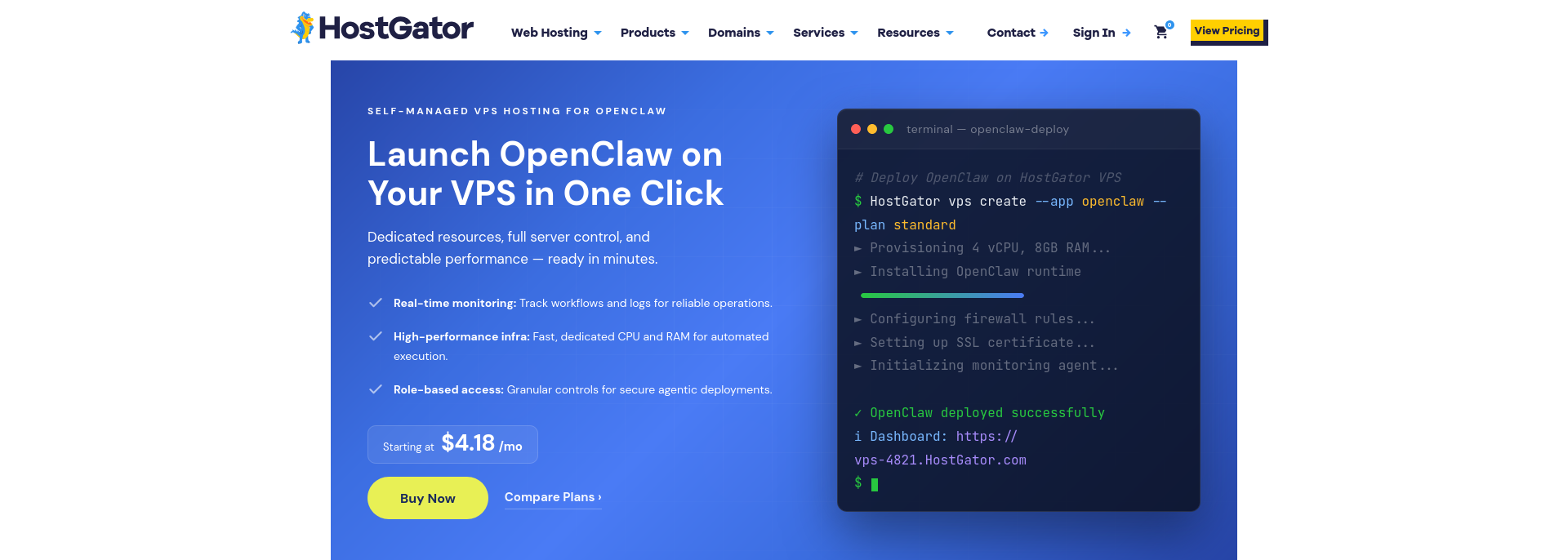 HostGator OpenClaw landing page terminal deployment animation