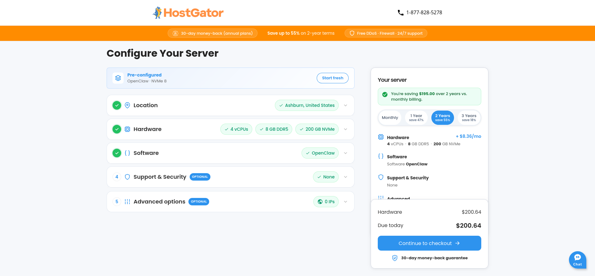 HostGator OpenClaw Configure Your Server page with NVMe 8 selected