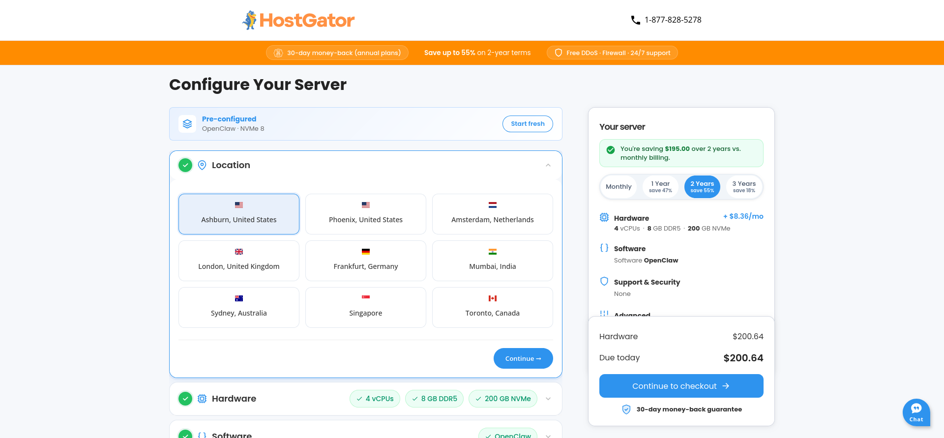 HostGator OpenClaw VPS server location selection with multiple regions