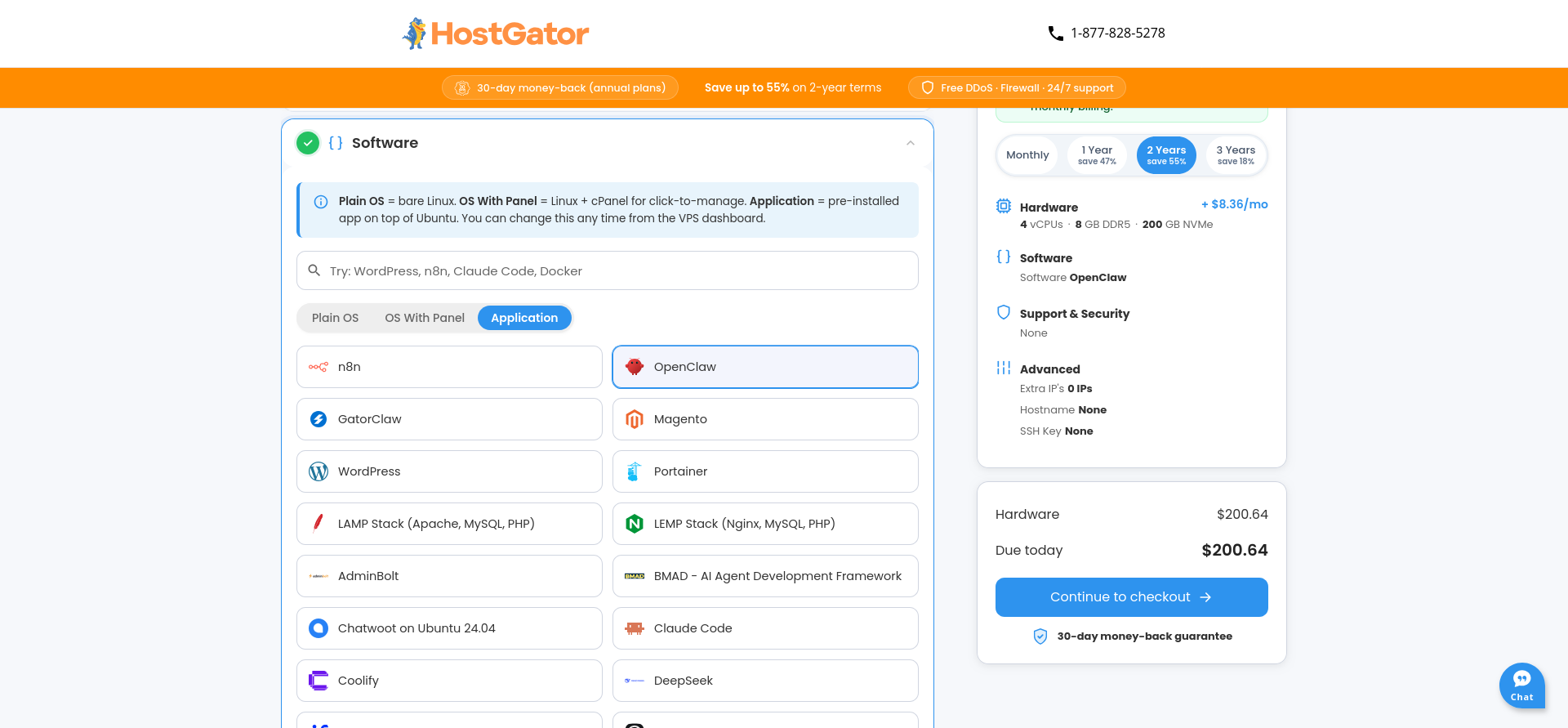 HostGator VPS software selection showing OpenClaw preselected