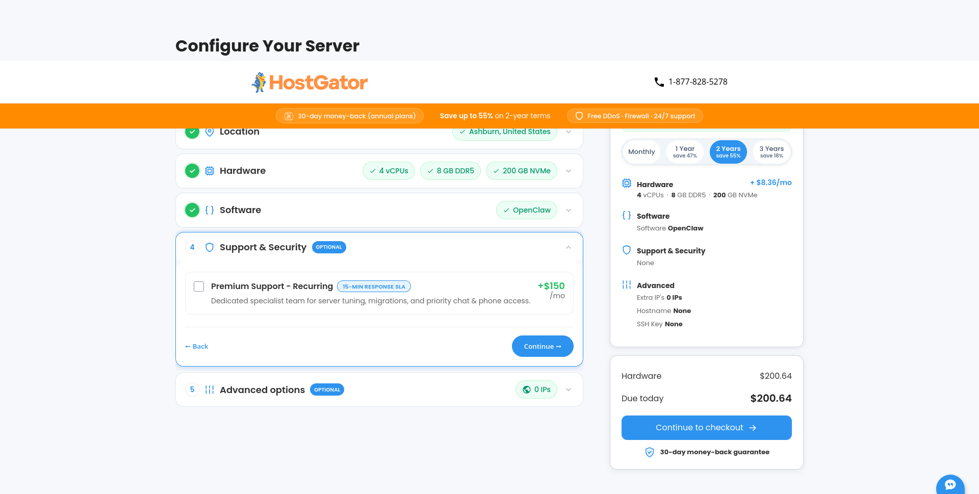 HostGator OpenClaw VPS optional Support and Security add-on