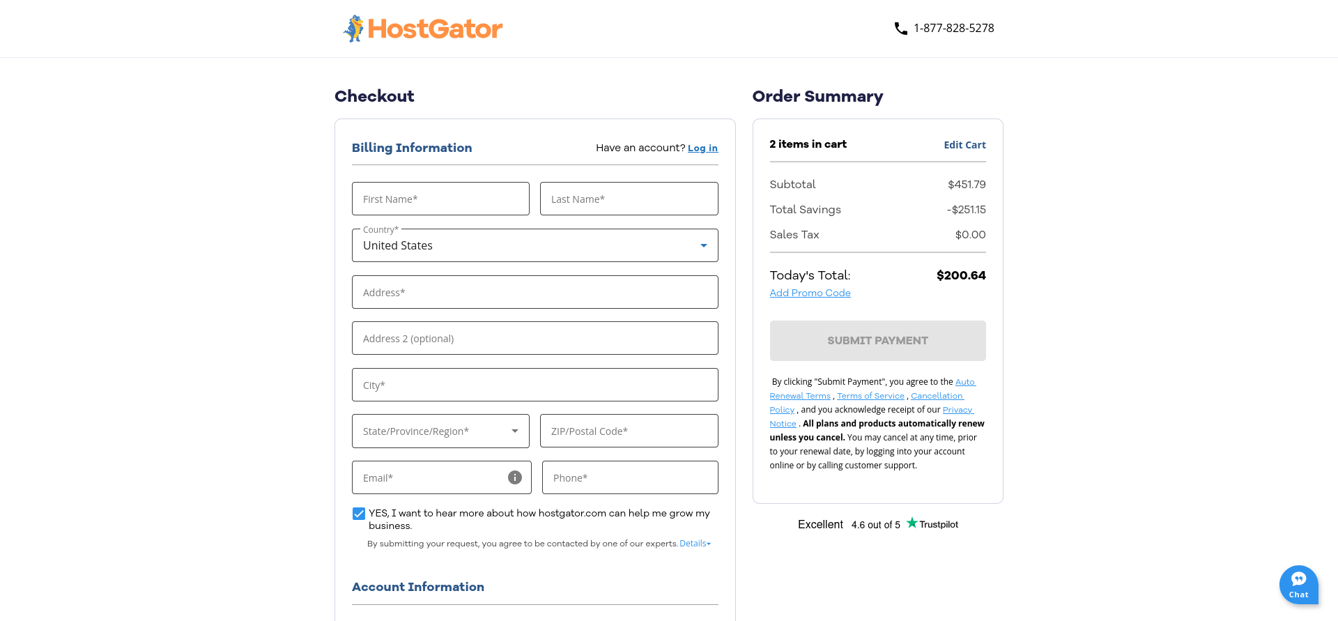HostGator OpenClaw VPS checkout and account creation page
