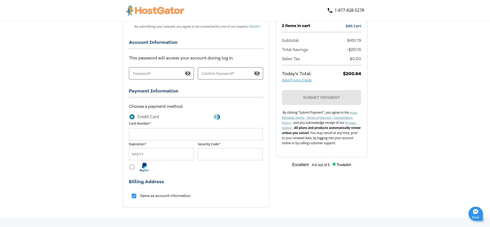 HostGator OpenClaw VPS payment and order checkout screen