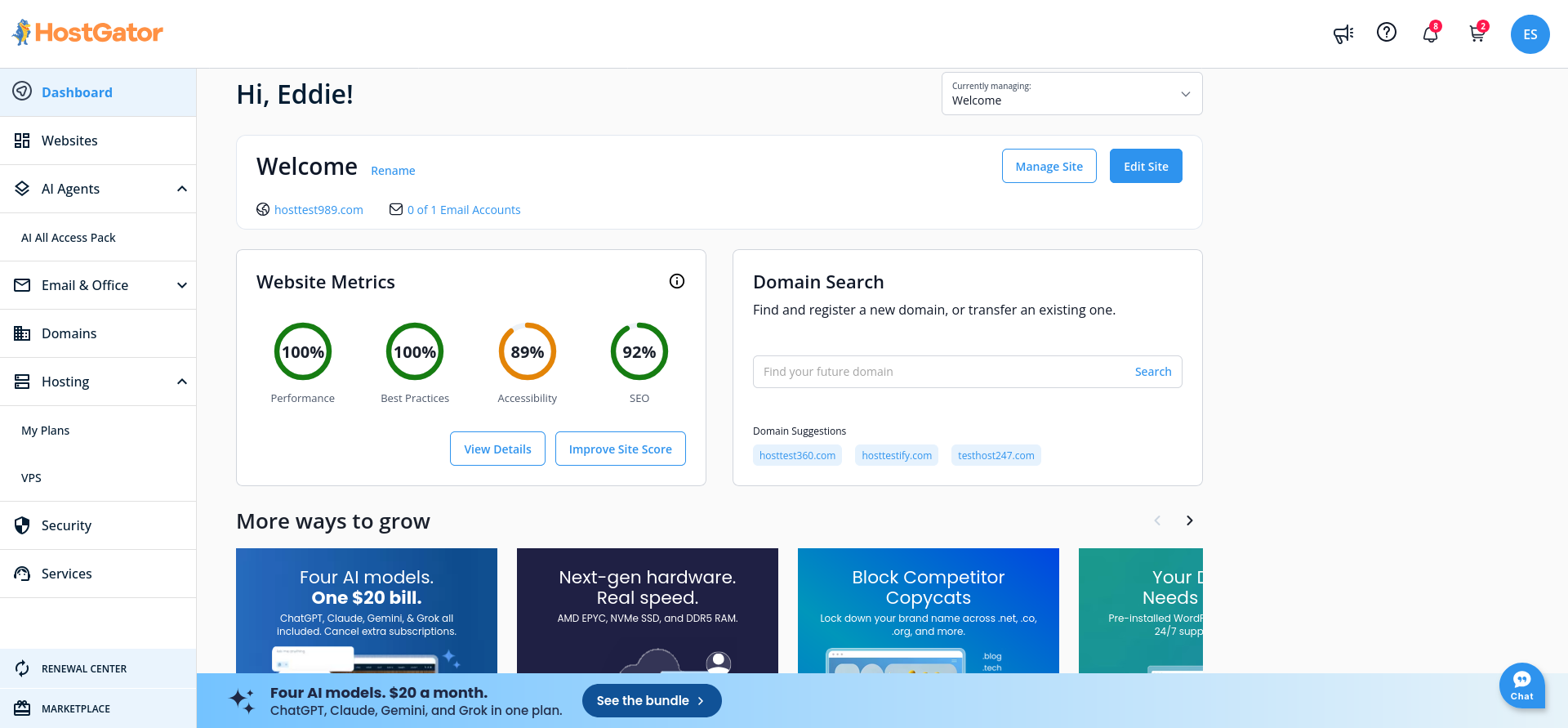 HostGator client dashboard after purchasing OpenClaw VPS