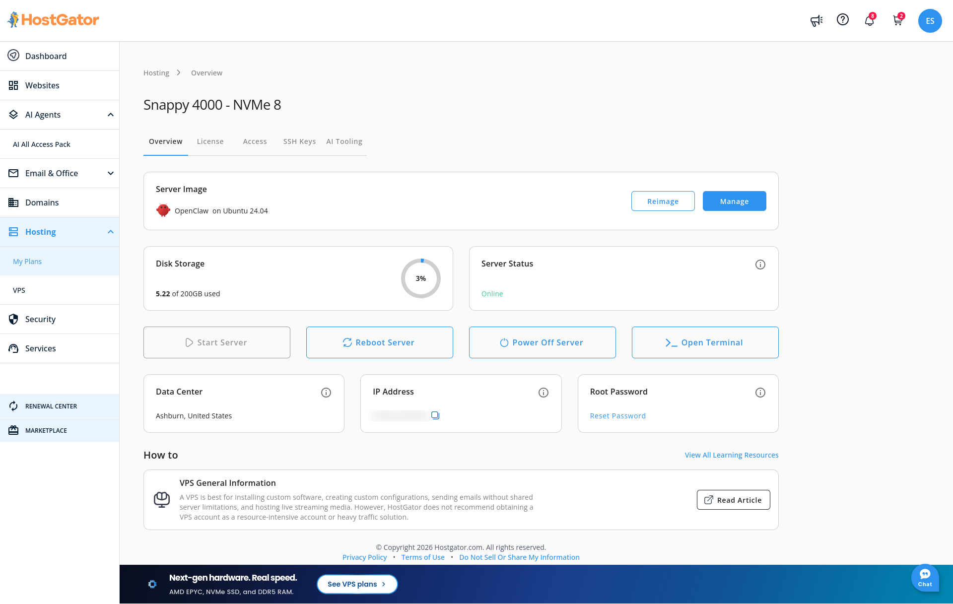 HostGator OpenClaw VPS server management overview with management tabs