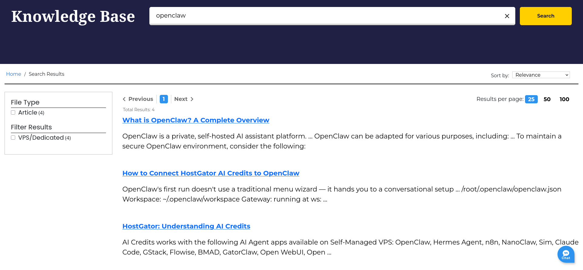 HostGator Knowledge Base search results for OpenClaw